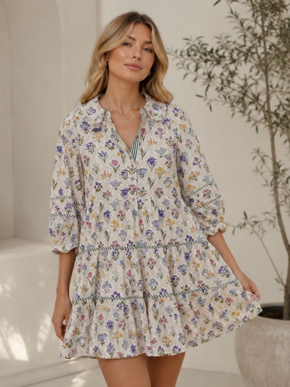 Entro Floral Tiered Mini Dress - Cream with Lavender & Yellow Floral size Medium